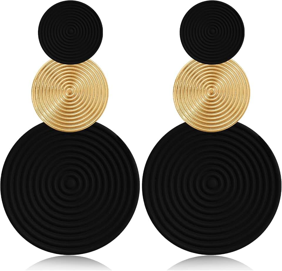 Handmade Long Round Alloy Dangle Drop Earrings - Statement 60s 70s 80s Vintage Gold Disk Round Disc Earrings - Boho Lightweight Summer Beach Jewelry Earring for Women