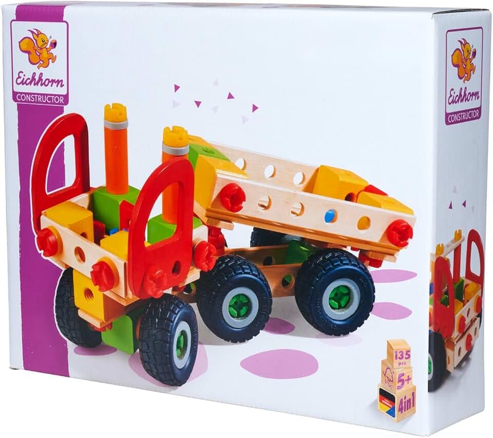 Eichhorn - Constructor LKWs, 4 Modellvarianten: LKW, Pickup, Kipper, Lieferwagen, 135-tlg., 100% FSC zertifiziertes Buchenholz, ab 5 Jahren