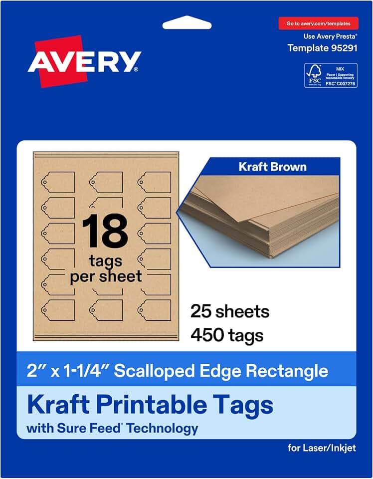 Avery Printable Rectangle Scalloped Tags, Sure Feed Technology, 2" x 1-1/4", Kraft Brown Cardstock, Print-To-The-Edge, Laser/Inkjet Printable, 450 Total, Great for Custom Gift or Branding Tags