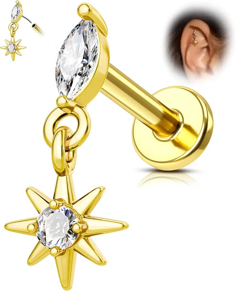 The Astral Mandala G23 Solid Titanium Flat Back Earrings 16G Gold Plated Push in Cartilage Helix Piercing Jewelry 6/8MM