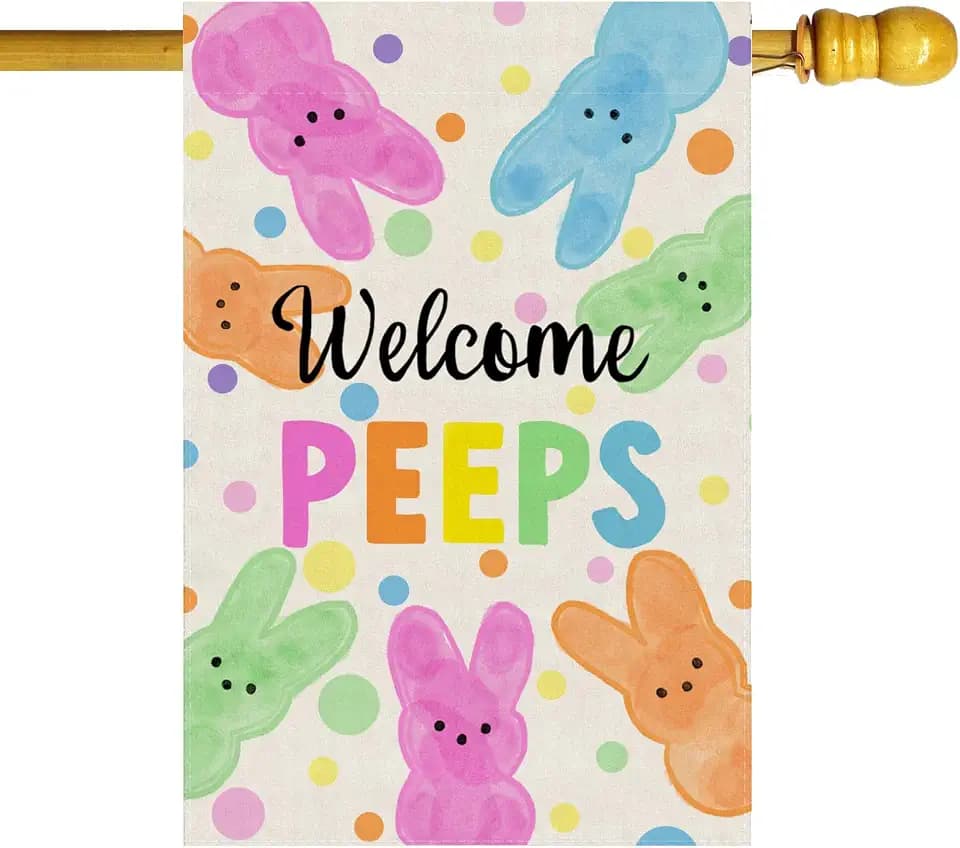 Welcome Easter Colorful Dots Cute Bunny Watercolor Rabbits Spring House Flag Large Burlap 28X40 Inch Vertical Double Sided Outside Yard Holiday Outdoor Farmhouse Decoration