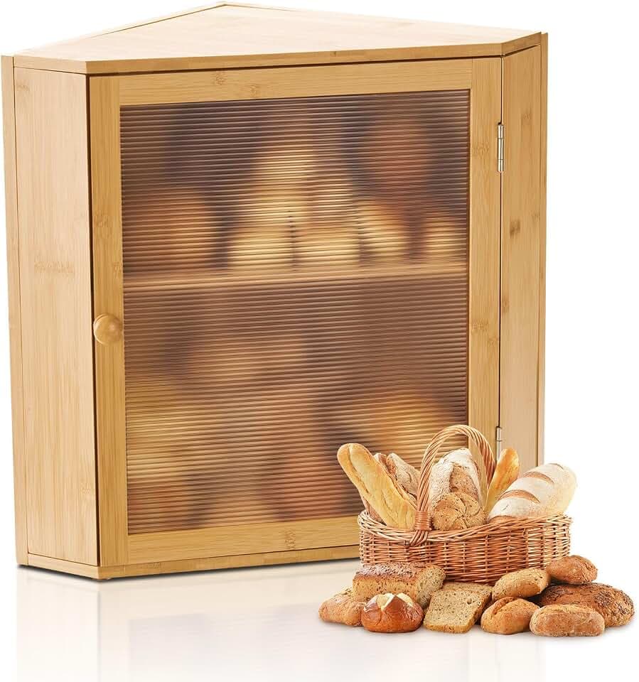 VEVOR Eck-Brotkasten doppellagiger Brotbehälter Brotbox Organizer aus Holz für selbstgebackenes Brot, Aufbewahrungsbehälter mit gewellter Acryl-Türplatte, Brotaufbewahrung Lagerung Natur