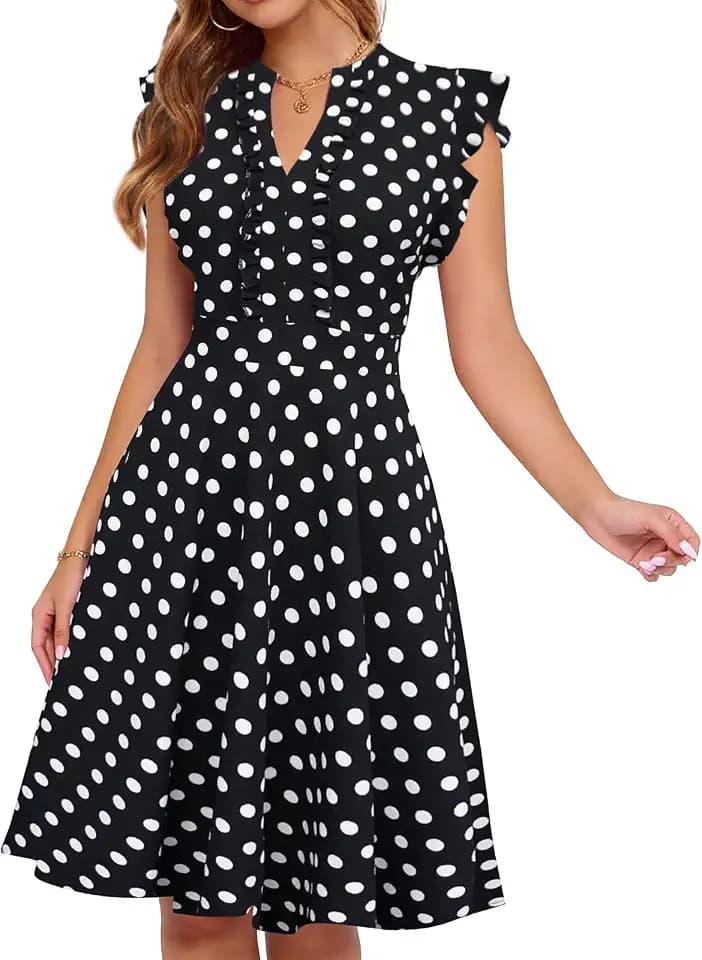 Mokayee Womens Summer V Neck Ruffle Sleeve Business Casual Semi Formal Church Wedding Guest Work Dresses with Pockets
