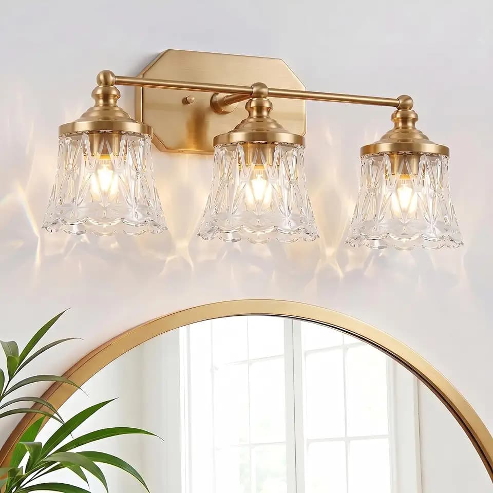 Vintage 3-Light Gold Bathroom Vanity Light, Crystal Glass Shade