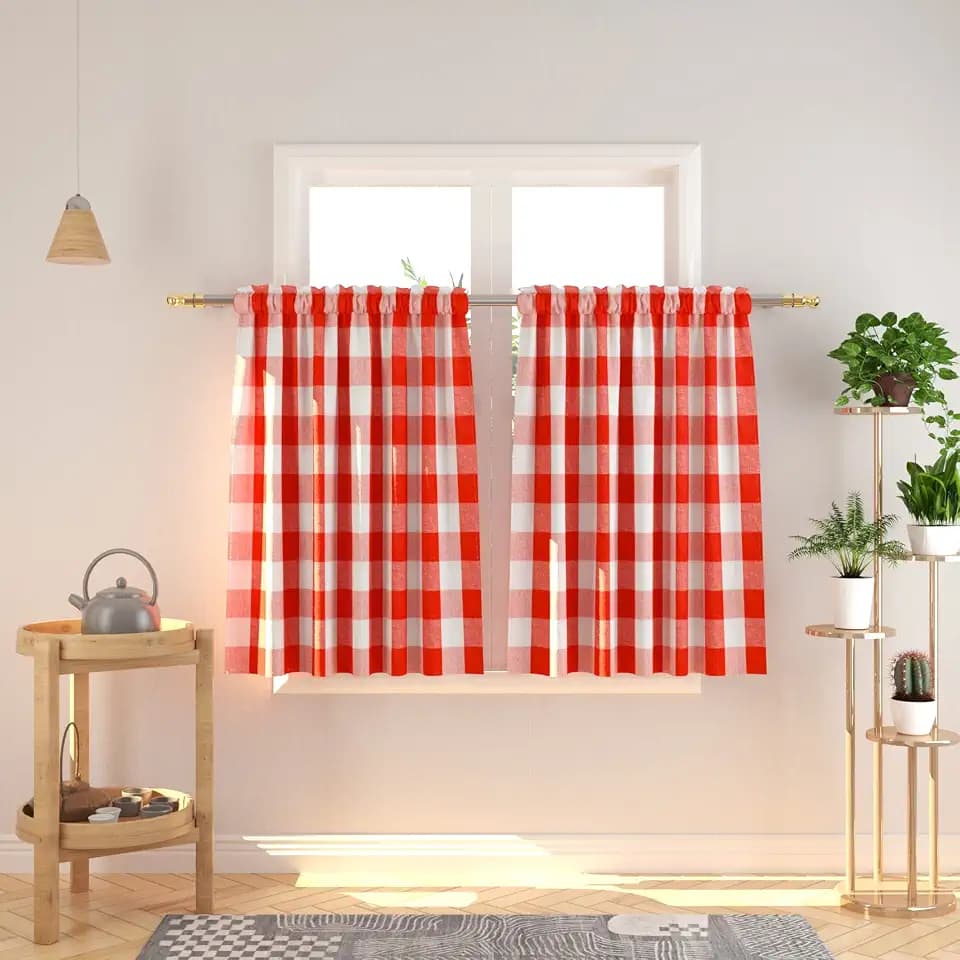 Buffalo Tier Curtains 36 inch Length Plaid Gingham Rod Pocket Short Window Small Kitchen Cafe Curtain Bathroom Window Curtains 2 Panels Red White