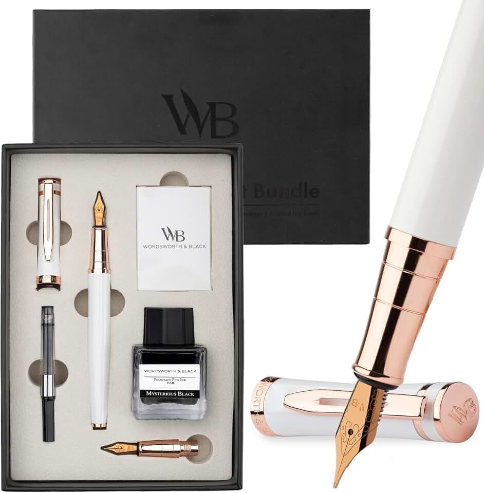 Wordsworth & Black Fountain Pen Gift Set, Medium & Extra Fine Nib, White Rose