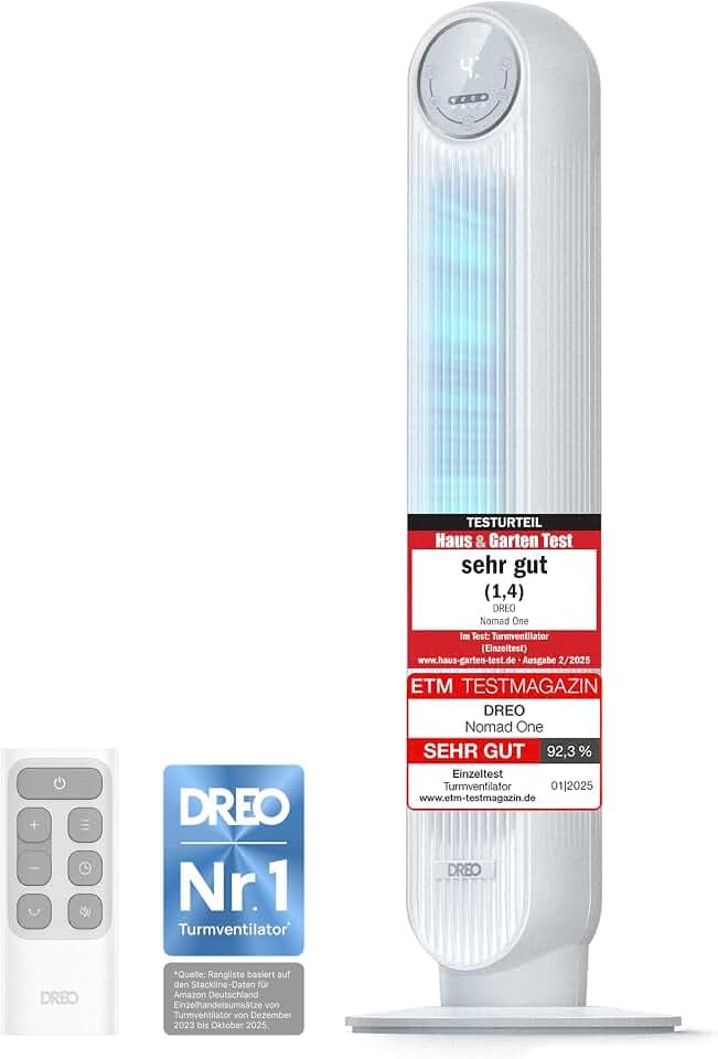 DREO Leiser Turmventilator, 10 m Wurfweite 4 Geschwindigstufen 4 Modi 8 Std. Timer 90° oszillierende Ventilator mit Kühlung Fernbedienung für Schlafzimmer, Nomad One, Weiß