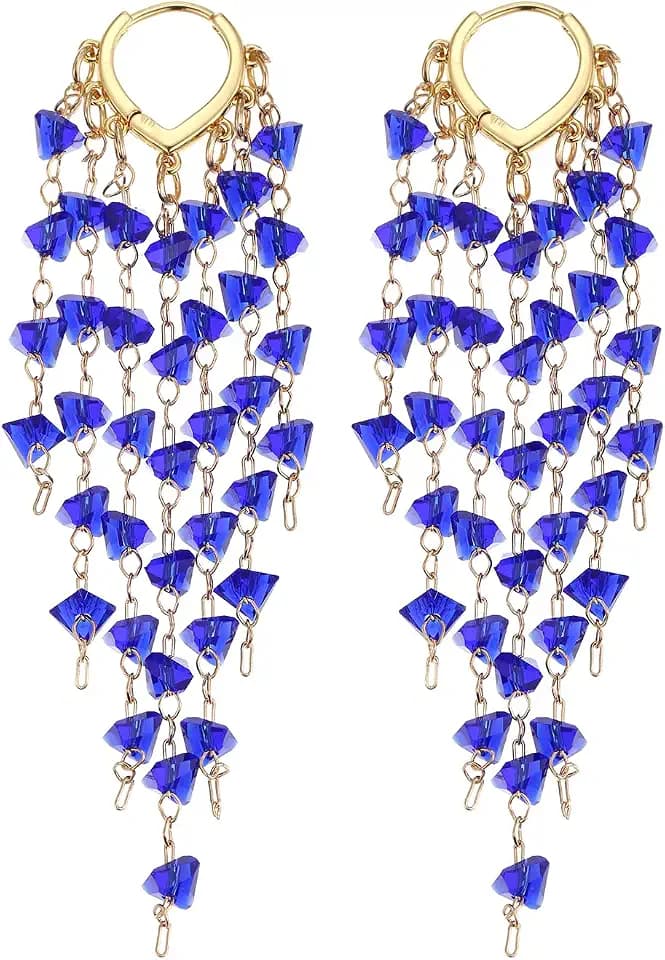 Fringe Hoop Dangle Earrings, Long Beads Tassel Chain Earrings for Women Sparkly Chandelier Earrings