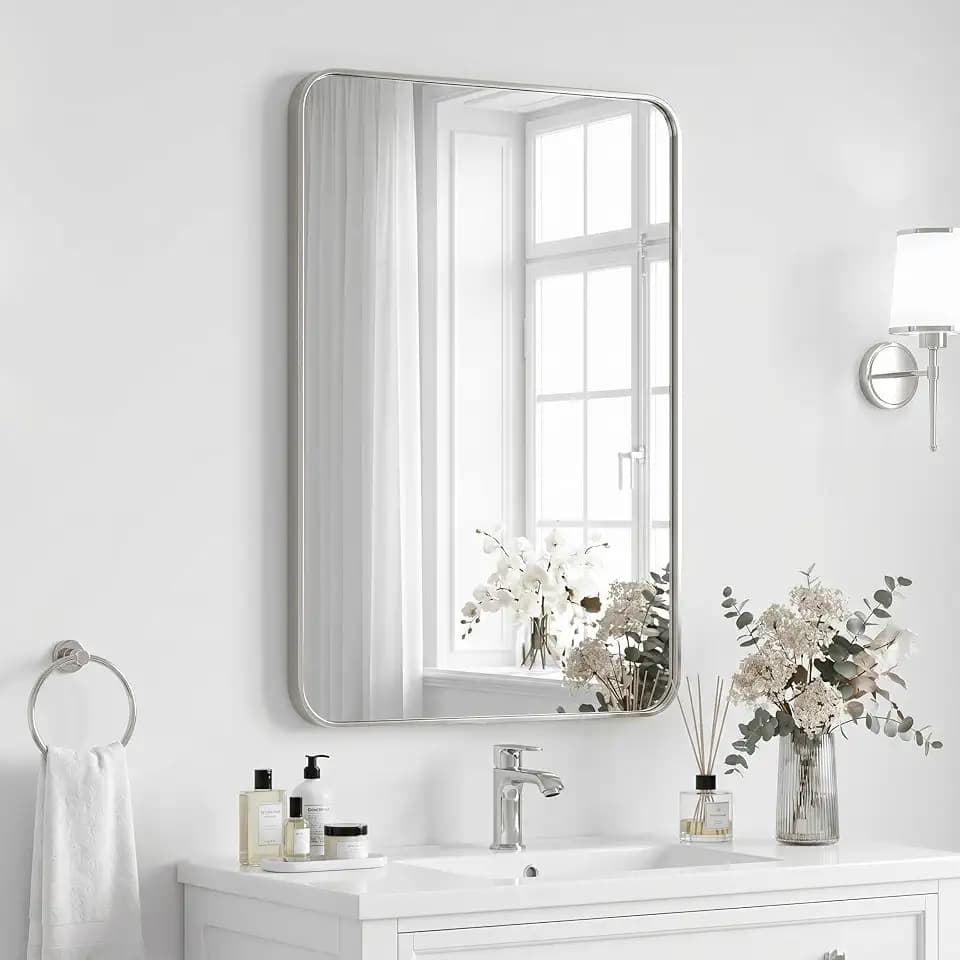 Bathroom Mirror Brushed Nickel, 24 x 36 Inch Metal Frame Rectangle Mirror Rounded Silver Modern Vanity Mirror Anti-Rust for Bathroom, Farmhouse Wall Mounted Vertically/Horizontally