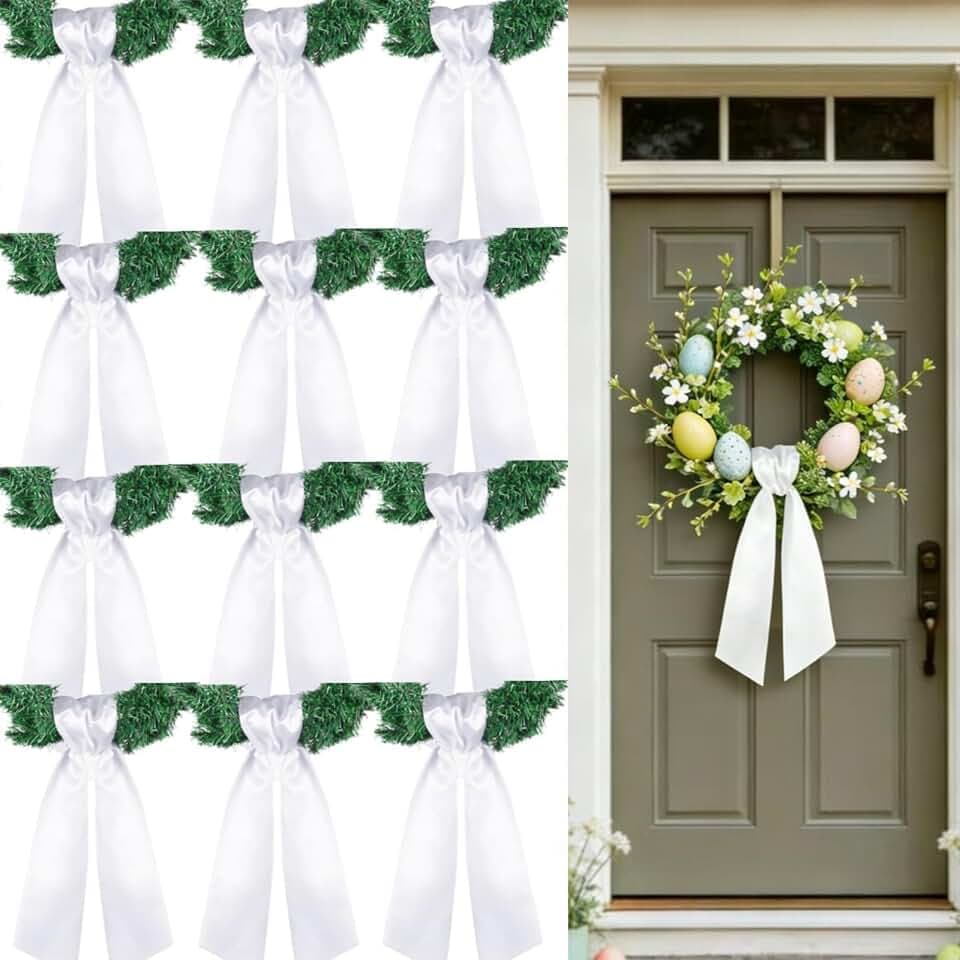 Dream Loom Wreath Sash for Front Door, 12pcs White Sash Blank DIY Ribbon Bows for Weddings, Christmas & Farmhouse Decor