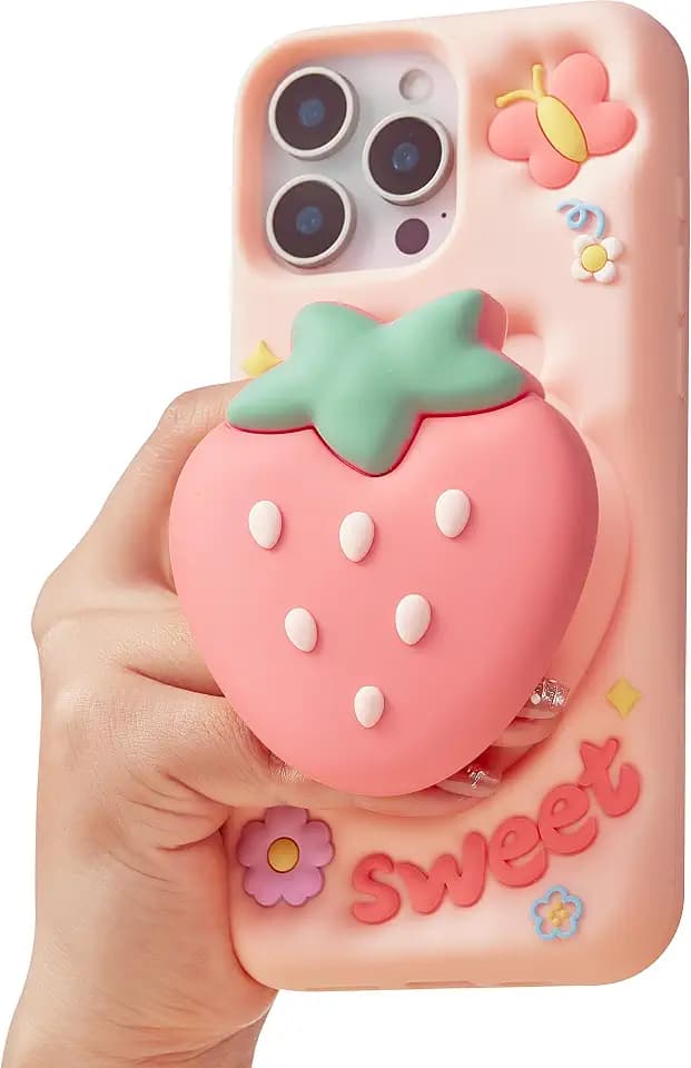 for iPhone 13 Pro Max Case, Cute 3D Strawberry Pop-Up Grip for Girls