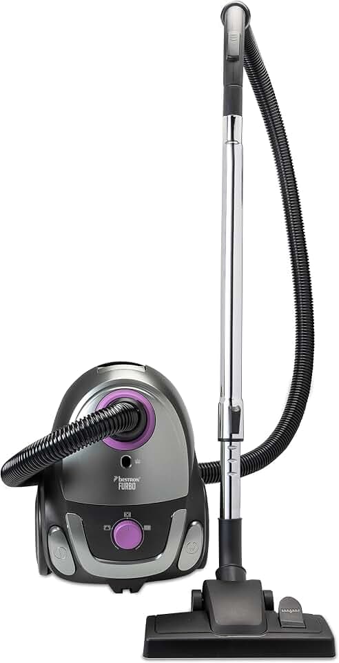 Bestron Staubsauger mit Beutel, Bodenstaubsauger inkl. 3 Staubsaugerbeutel, 94cm Teleskopstange & umschaltbarer Bodendüse, 7.5m Aktionsradius, auswaschbarer HEPA12 & Mikrofilter, Farbe: Lila/Silber