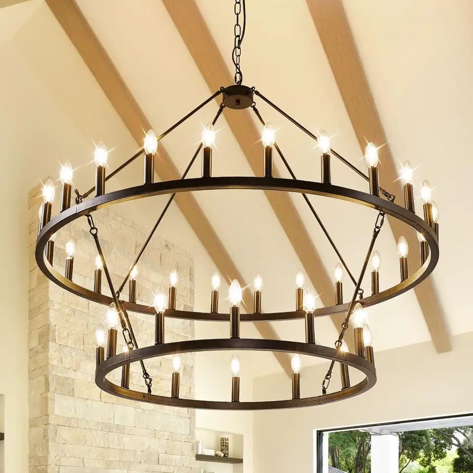 Black Wagon Wheel Chandelier, 2 Tier 47-Inch 36-Light, Extra Large Round Rustic Farmhouse Light Fixture, Foyer Chandeliers for High Ceilings, for Living Room,Dining Room,Kitchen Island,Entryway