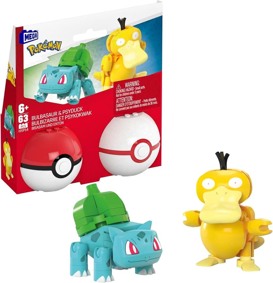 MEGA Pokémon Actionfigur Bauspielzeug-Set, Pokéball 2er-Pack, Bisasam und Enton mit 63 Teilen, für Kinder, HXP14