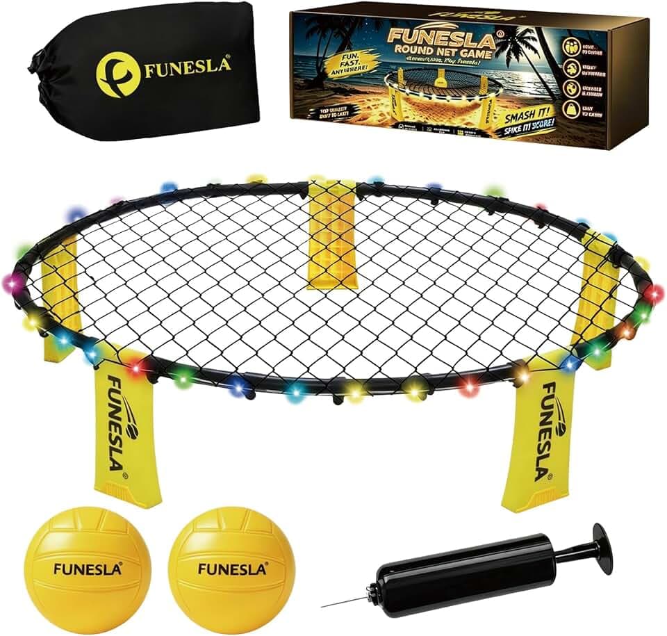 Roundnet Spiel Set 2026 – LED Leuchtversion, 2 Bälle, 7 Farben blinkend, einstellbare Netzspannung, tragbares Outdoor-Nachtspiel für Strand Garten Hof, mit verdeckter Nadelpumpe & Tragetasche