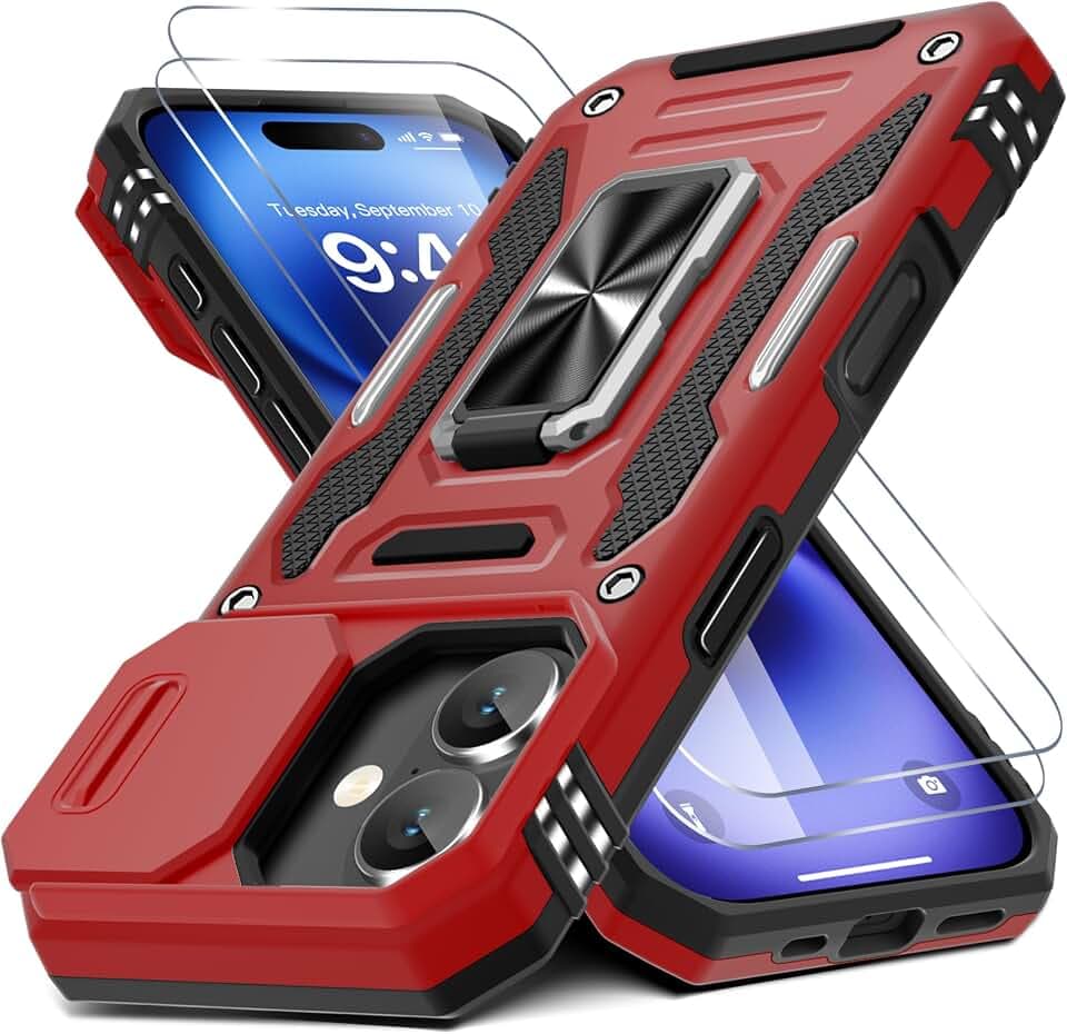 DEERLAMN Case for iPhone 17 6.3-Inch with Slide Camera Cover + Screen Protector (2 Packs), Rotated Ring Kickstand Military Grade Shockproof Protective Cover-Red