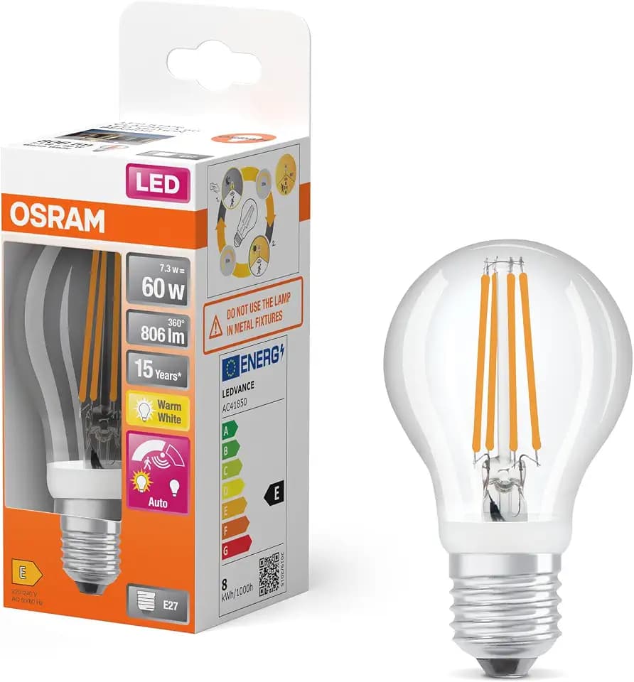 Osram Star+ LED-Lampe mit Bewegungssensor für E27-Sockel, Filament-Optik,Warmweiß (2700K), 806 Lumen, Ersatz für herkömmliche 60W-Leuchtmittel, nicht dimmbar, 1-er Pack, White