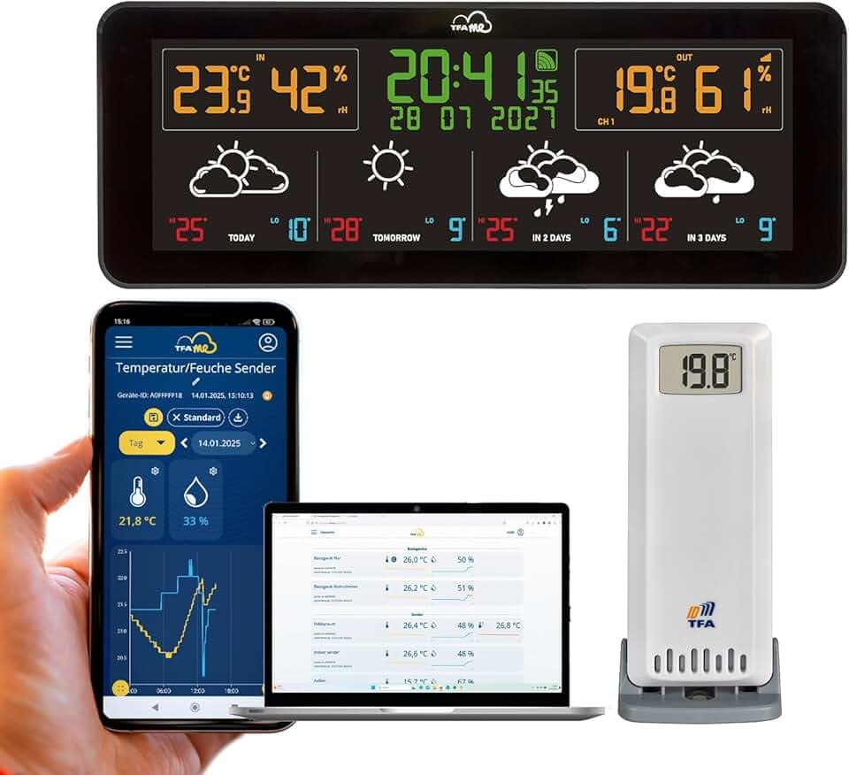 TFA Dostmann WLAN Funk Wetterstation TFA.me ID-07, 35.8107.01, Profi-Wettervorhersage durch wetter.com 4 Tage, Online-Portal, Außensensor, ideal für Büro, Max-Min-Werte, Warnfunktion, schwarz