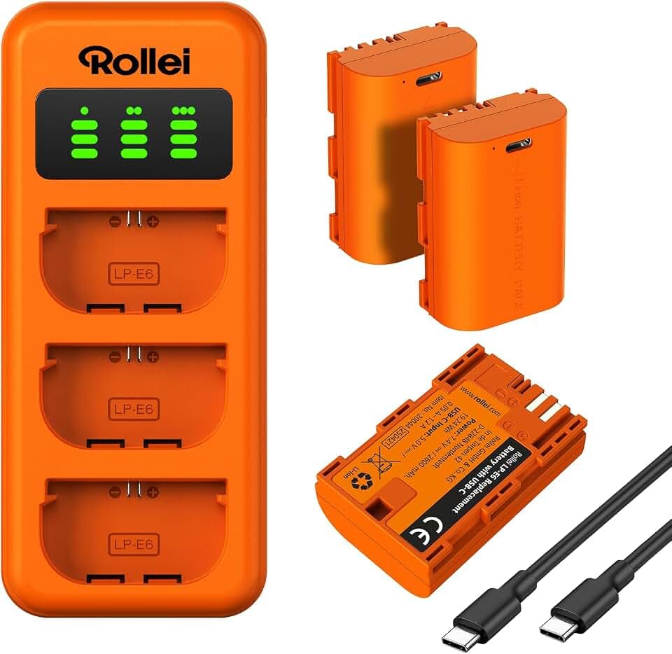Rollei LP-E6 3 x Akkus und Ladegerät Set 3-Fach-Schnellladung mit USB-C