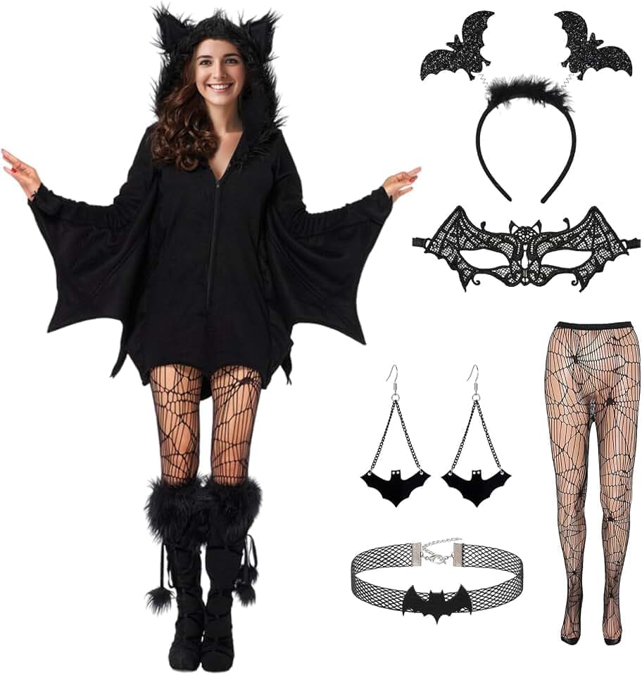 Fledermaus kostüm Damen,Karneval Kostum Schwarzes Fledermaus Cosplay Kostüm für Halloween und Fasching