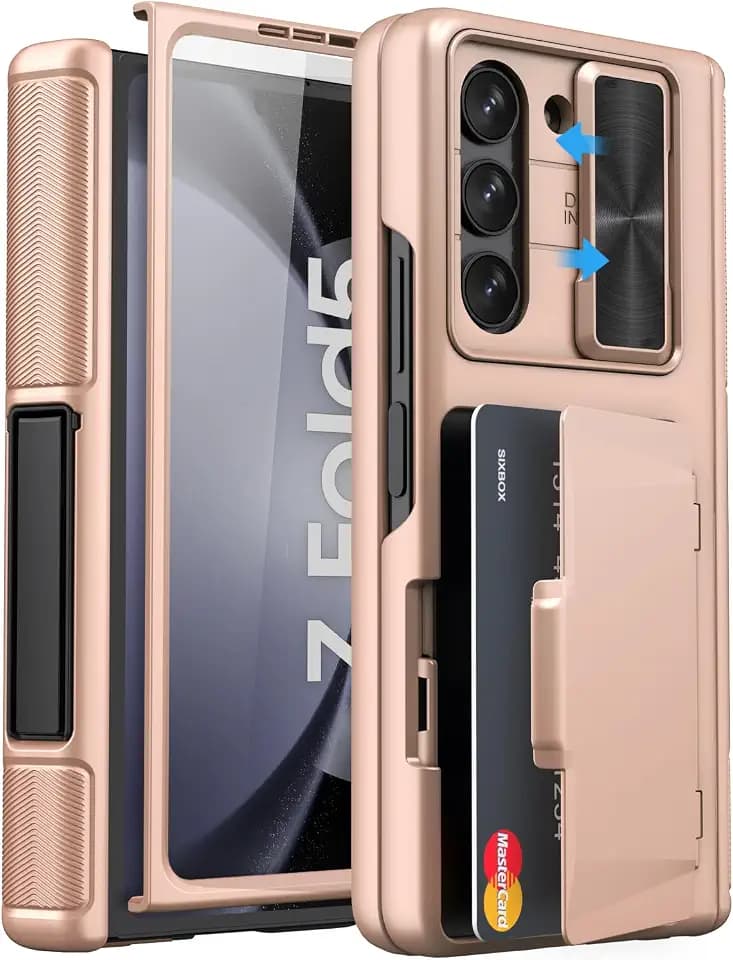 for Samsung Galaxy Z Fold 5 Case with Stand, Card Holder, Rose Gold