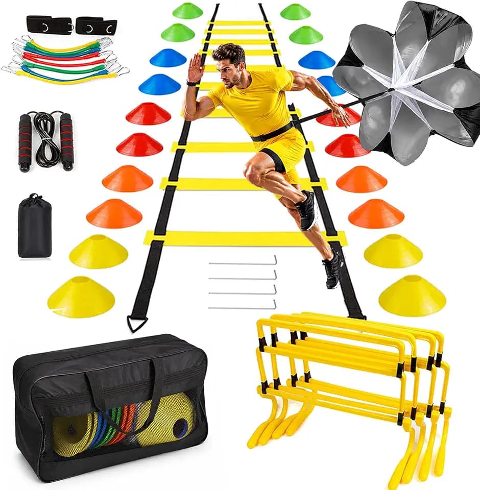 Fussball Trainingszubehör, Fussball Trainingsset Koordinationsleiter Trainingsleiter, 20 Hütchen, Einstellbare Hürden, Widerstandsschirm, Springseil, Bänder, Fussball Geschenk Jungen