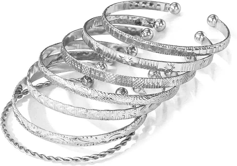 17IF Silver Bangle Bracelets For Women Multi Layer Cuff Bracelet Set