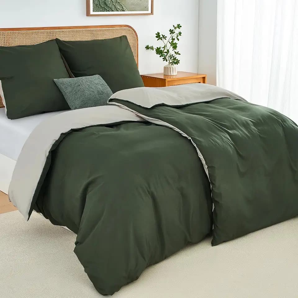 Bettwäsche 135x200 4teilig Olivgrün/Beige Bettwäsche-Sets Superweiche Microfaser ÖKO-TEX Wendebettwäsche, 2 Bettbezüge 135 x 200 + 2 Kissenbezüge 80x80 -alle mit Reißverschluss