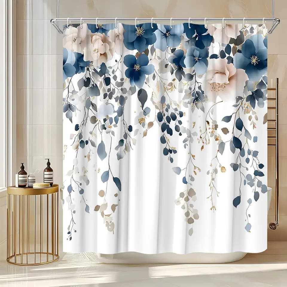 Watercolor Floral Shower Curtain Blue and Beige 70Wx70H Inches