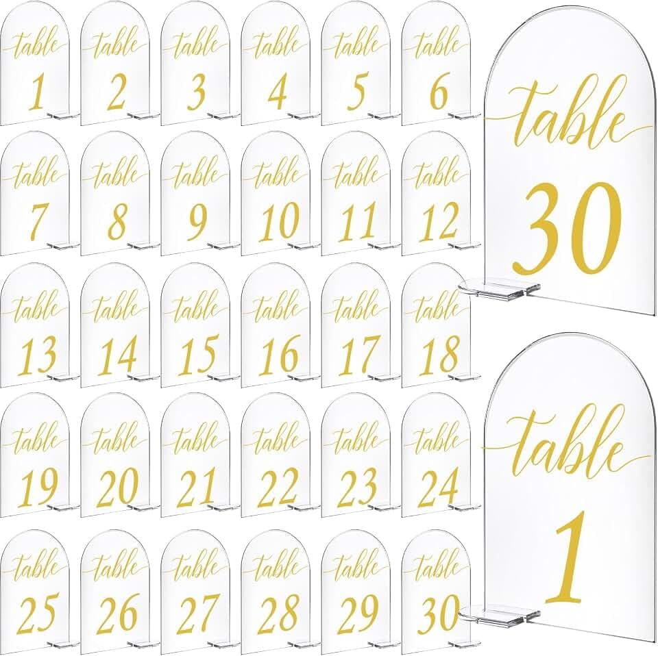 Vicenpal 30 Sets Bogen Acryl Schild Gold Bedruckt 130 Tischschilder mit Ständer Kalligraphie Transparent Tischnummer Display Ständer für Hochzeit Empfang Event Party Restaurant Tafelaufsätze Dekor