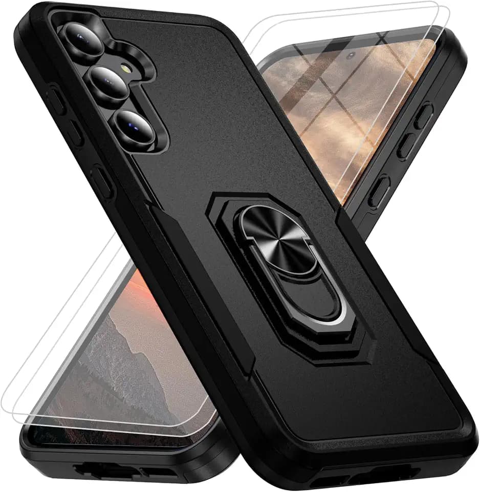 for Samsung Galaxy A36 5G Phone Case [15 FT Military Grade Drop Protection] with 2x Tempered Glass Screen Protector, Heavy-Duty Shockproof Magnetic Kickstand Case for Samsung Galaxy A36 5G (Black)