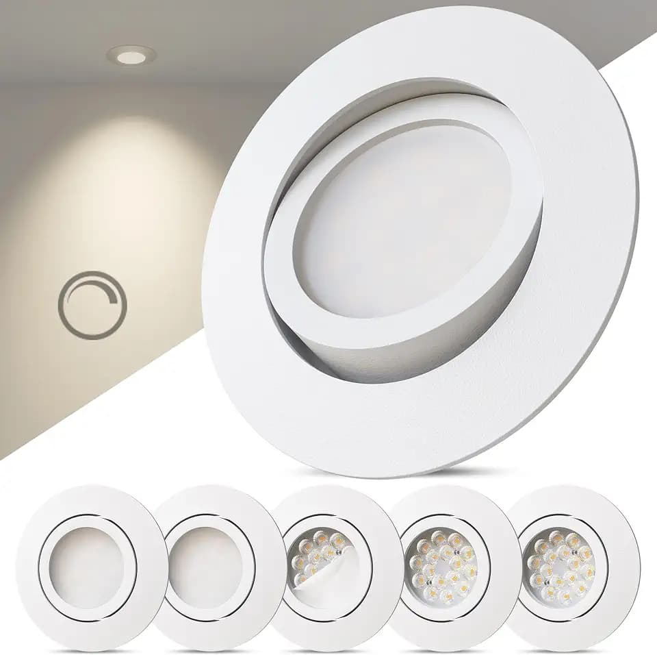 Scandinavian home 6er Set LED Einbaustrahler 230V Dimmbar - LED Spots 230V Warmweiß 3000K, 470 lm, CRI 90+, 68mm Lochmaß - IP44 Badezimmer Geeignet - Deckenspots Weiß-Matt, Schwenkbar