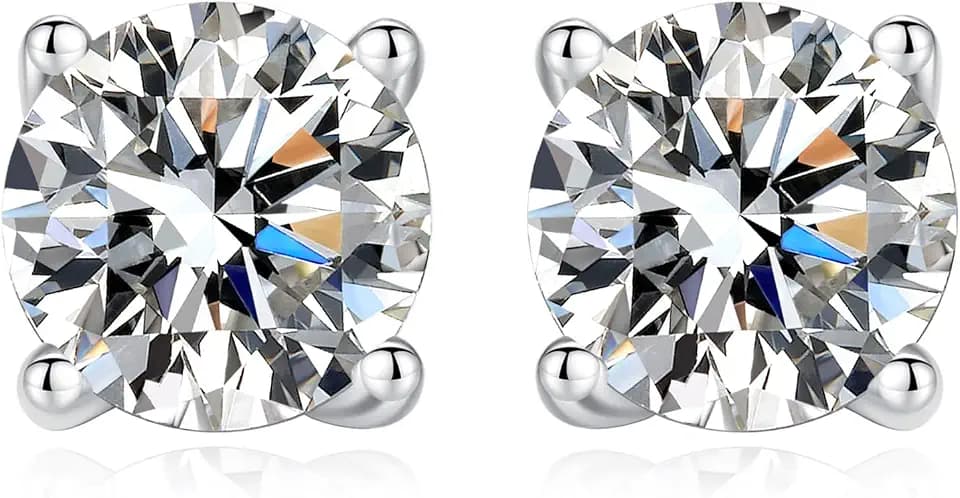 Hypoallergenic Moissanite Earrings for Men - Sterling Silver 4-6.5mm (0.6-2ct) Round Cut D Color VVS1 Studs, 18K White Gold Plated Lab Created Diamond Alternative Jewelry Gifts