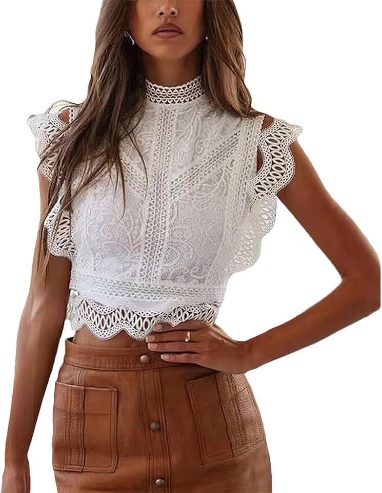 Women's Hollowed Lace Blouse Soft Sleeveless Ruffle Trim Elegant Summer Shirt Tops