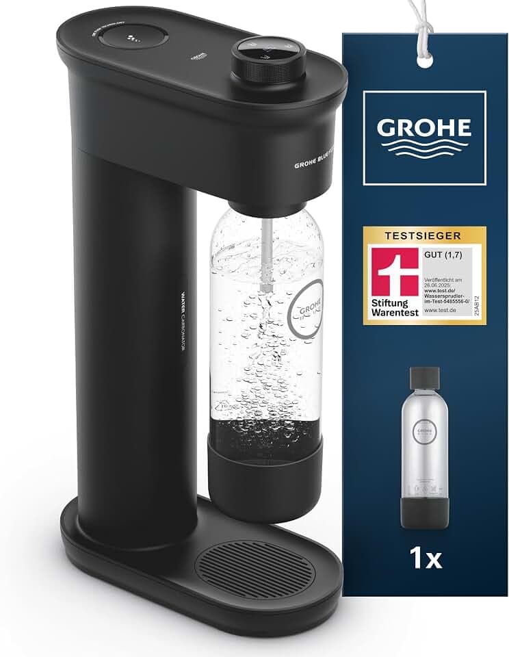 GROHE Blue Fizz, Wassersprudler Starter Set (3 einstellbare Sprudel-Stufen, ohne CO2 Flasche, 1x 0,85l Wasserflasche + Reinigungspulver), schwarz, 31943K00