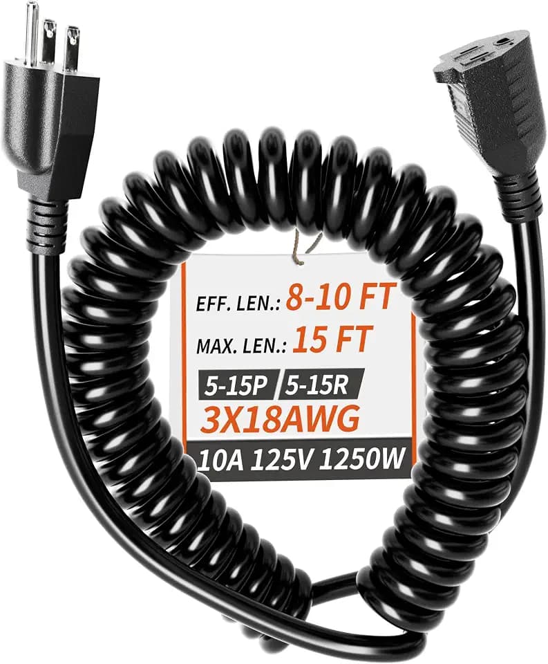 PlugSaf 15 FT 18/3 Gauge Black Coiled Extension Cord, Indoor Waterproof