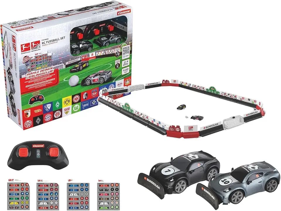 Carrera RC Fahrzeug Bundesliga Soccer Set I Spielfeld mit 2 Mini-RC-Autos – Tore, Ball, Sticker & Banden I Rennaction trifft Fußballspiel I Für Kinder ab 6 Jahren