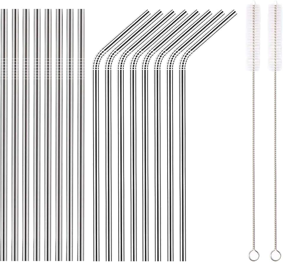 18 Piece Silver Stainless Steel Straws, 8.5 '' Reusable Drinking Straws,with Portable pouch (8 Straight/8 Bent/2 Brushes)