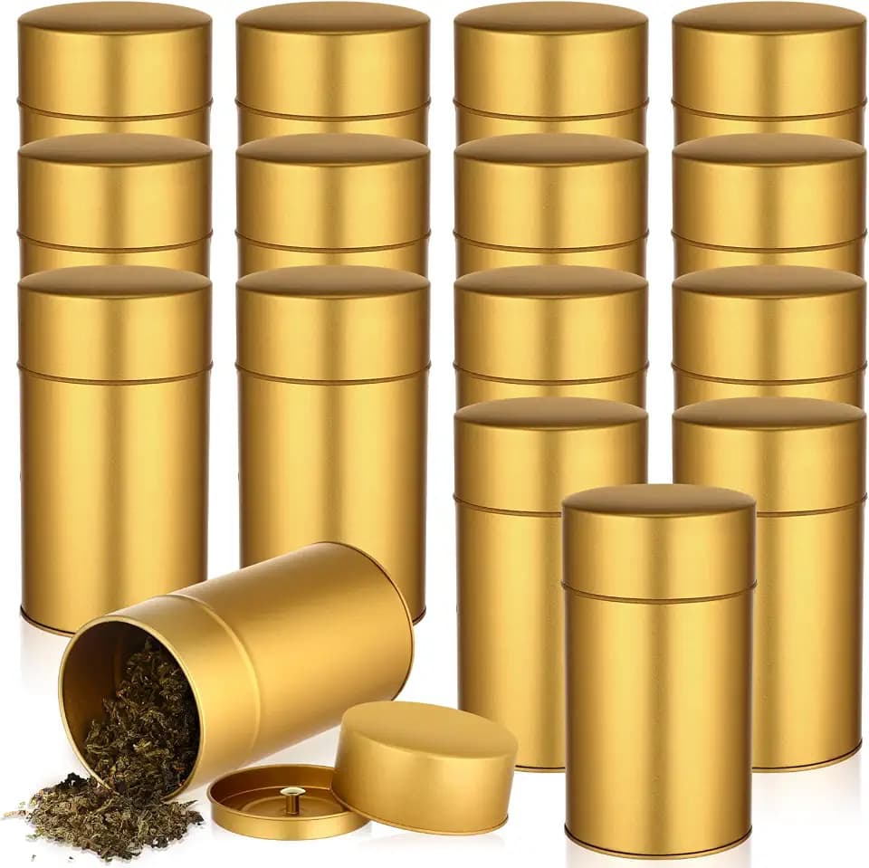 16 Pcs Metal Tea Tin Canister with Airtight Double Lids 16 Oz Loose Tea Container Golden Round Tin Can Box Empty Storage Can for Coffee, Sugar, Candy, Herbs and Spices