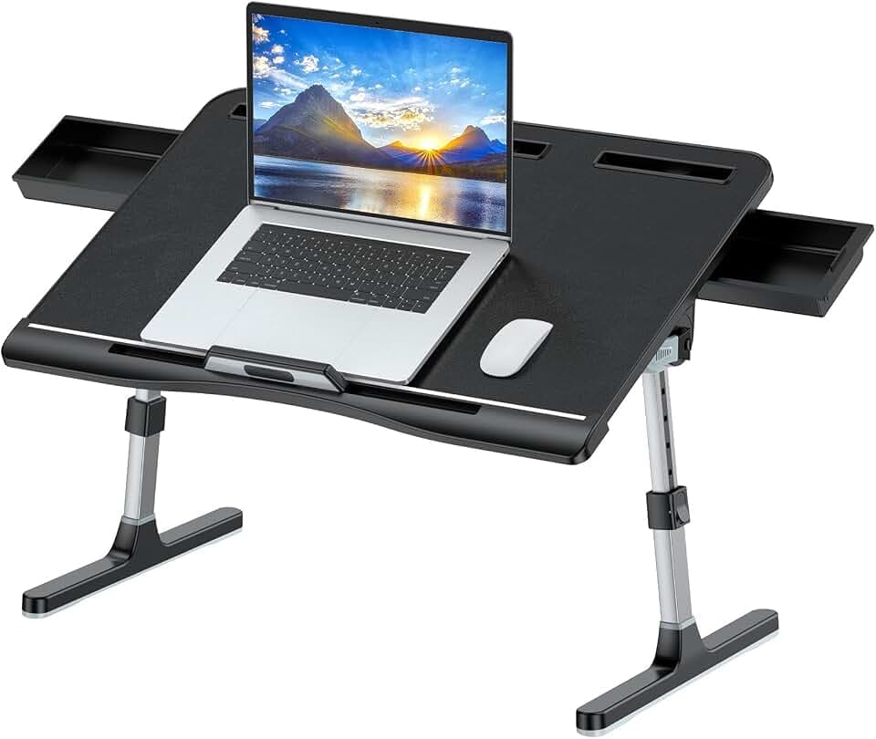 KLEAR Laptop Bed Tray Table with PVC Leather Surface, 2 Drawers, Black, XL