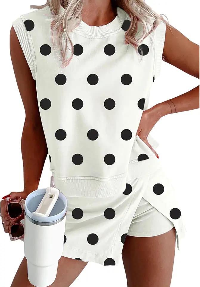 SELINK Womens Polka Dot 2 Piece Outfits Summer Tank Split Mini Skort Sets