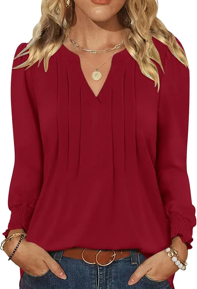LOMON Womens Tops Dressy Casual Pleated Ruffle Long Sleeve Tunics Tops to Wear with Leggings V Neck Work Blouse