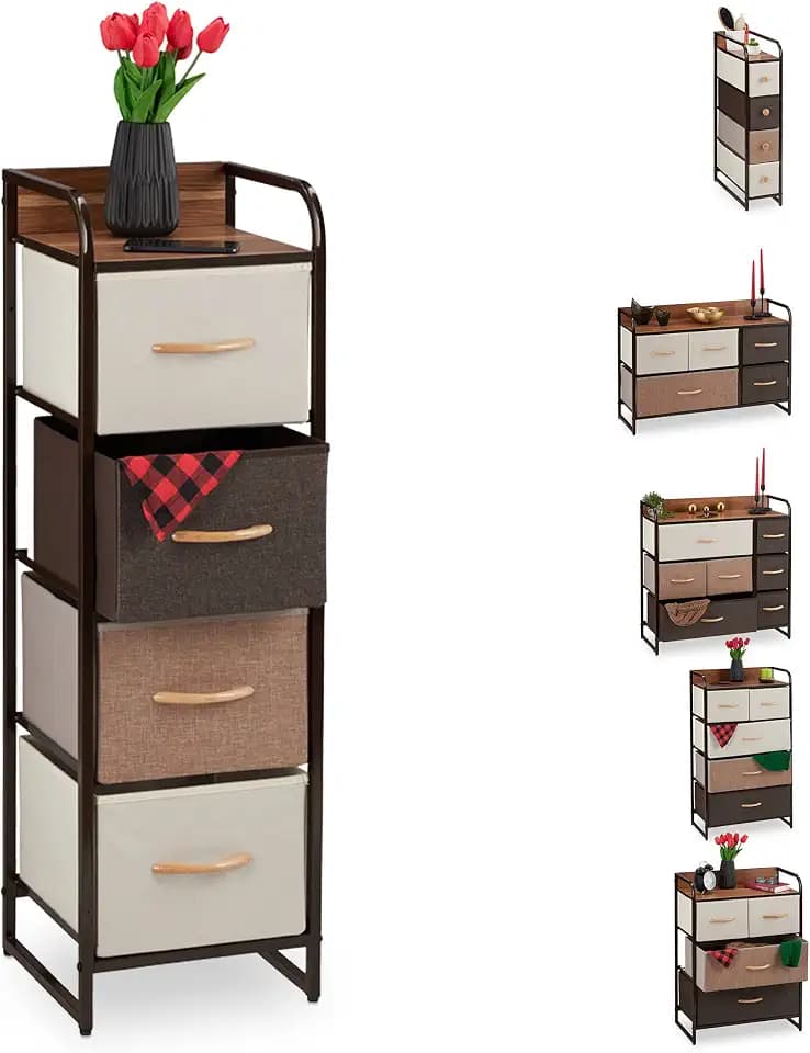 Relaxdays Schubladenschrank, 4 Stoff Fächer, schmal, mit Griffen, braun