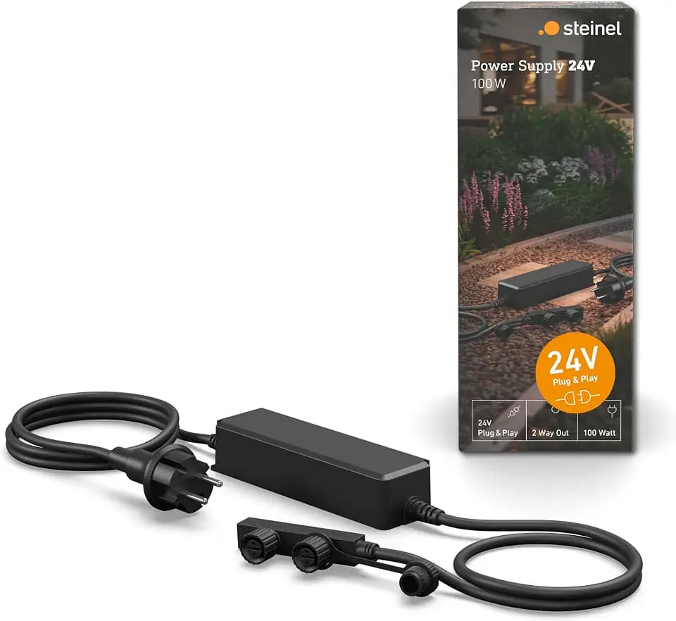 Steinel 100 W Netzteil 24V, Niedervolt Trafo mit EU-Stecker, Wetterfest IP67, 2 Ausgänge, Plug & Play, 24V-Garten Zubehör
