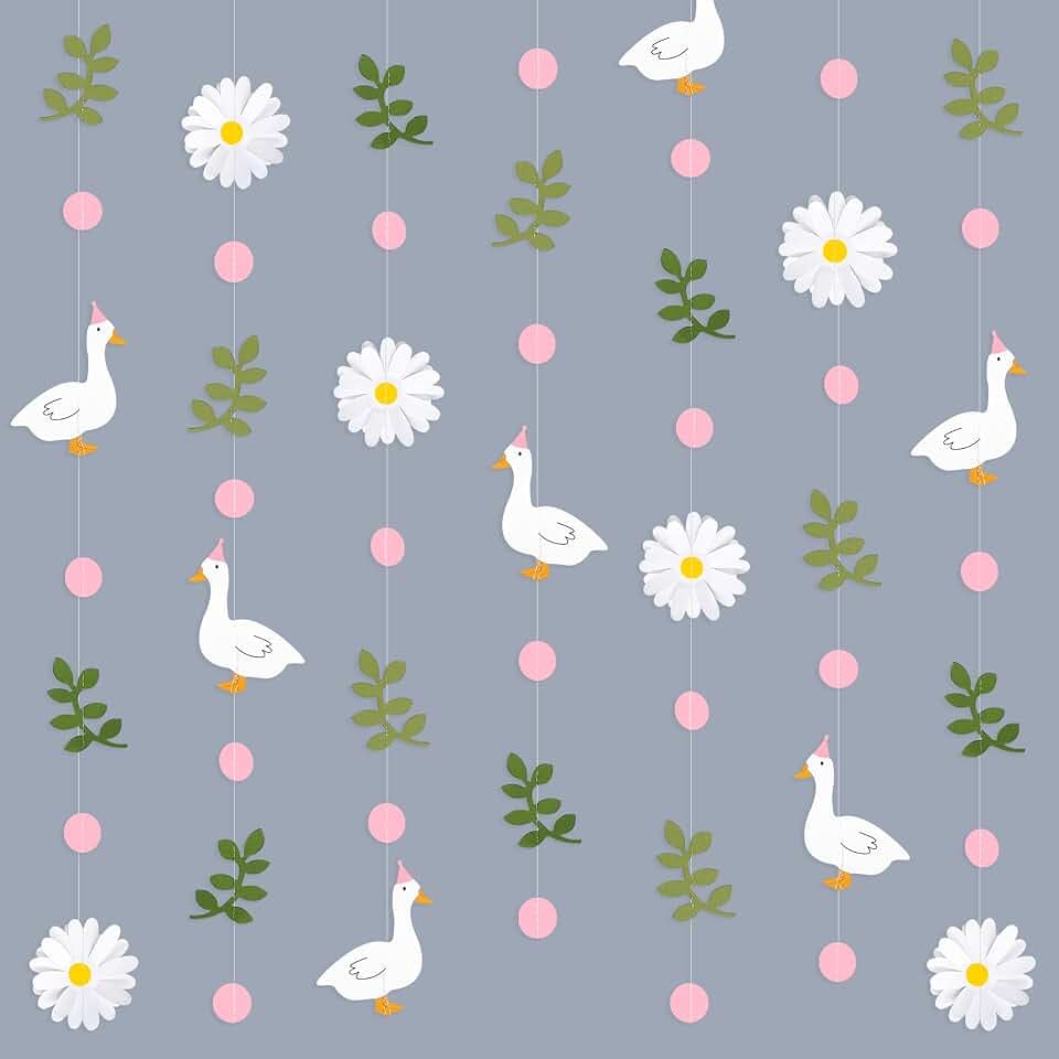 Pink Silly Goose 3D Daisy Flower Leaf Polka Dot Hanging Streamer Garland Banner for Silly Goose Themed Birthday Wedding Bridal Shower Spring Summer Party Decorations Supplies