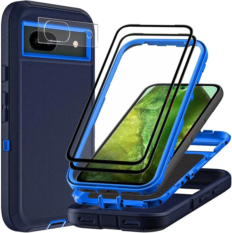 for Google Pixel 8a Case with 2Pcs Tempered Glass Screen Protector and 1Pcs Camera Lens Protector, Military Grade 3 in 1 Heavy Duty Shockproof/Drop Proof/Dust Proof Case (Navy Blue)
