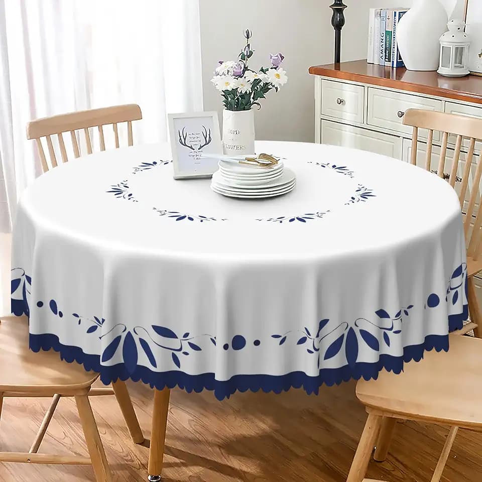 White Navy Blue Round Tablecloth 70 Inch Minimalism Blue Leaves Bordered Farmhouse Circle Table Cloth Waterproof and Stain Resistant Fabric Table Cover for Kitchen Dining Room Patio Home Decor