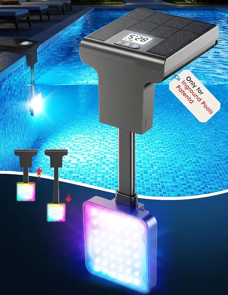 Solar Pool Lights for Inground Pools,Upgraded Solar Lights with LCD Pool Thermometer, Underwater Submersible Led Light for Pool Accessories, Swimming Pool Lighting with 10 Light Modes, 1PC