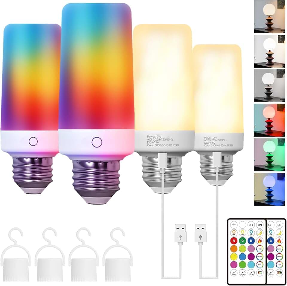 Rechargeable Light Bulbs with Remote, E26 Wireless RGB LED Bulb,12 RGB +3 Color Temp,USB‑C Rechargeable,Dimmable,Timer & Memory,for Camping Sconce Emergency,4 Pack