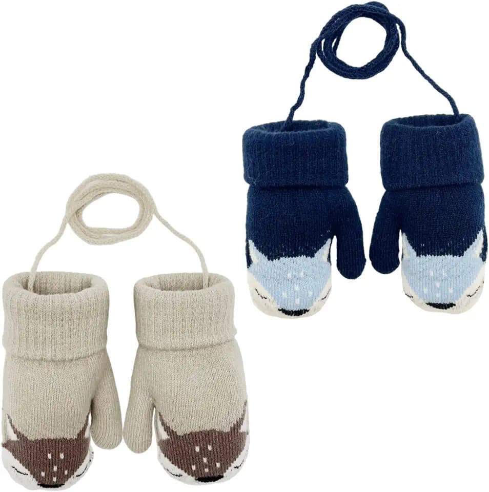 FUIPVGI 2 Paar Baby Winter Handschuhe, Cartoon Kinder Winter Handschuhe Fäustlinge, Warm Strickhandschuh Handschuhe mit Schlüsselband für 0-3 Jahre Mädchen Junge